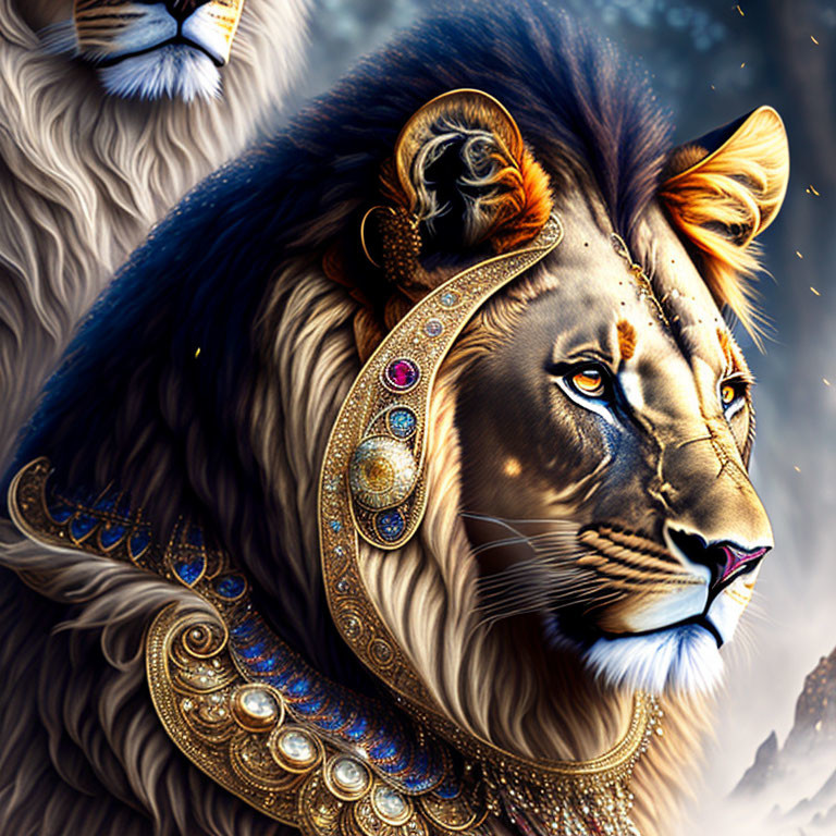 Regal lion with golden headpiece and colorful gems