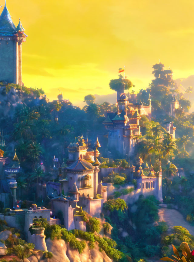 Mystical castle in lush greenery at sunrise with towering misty towers