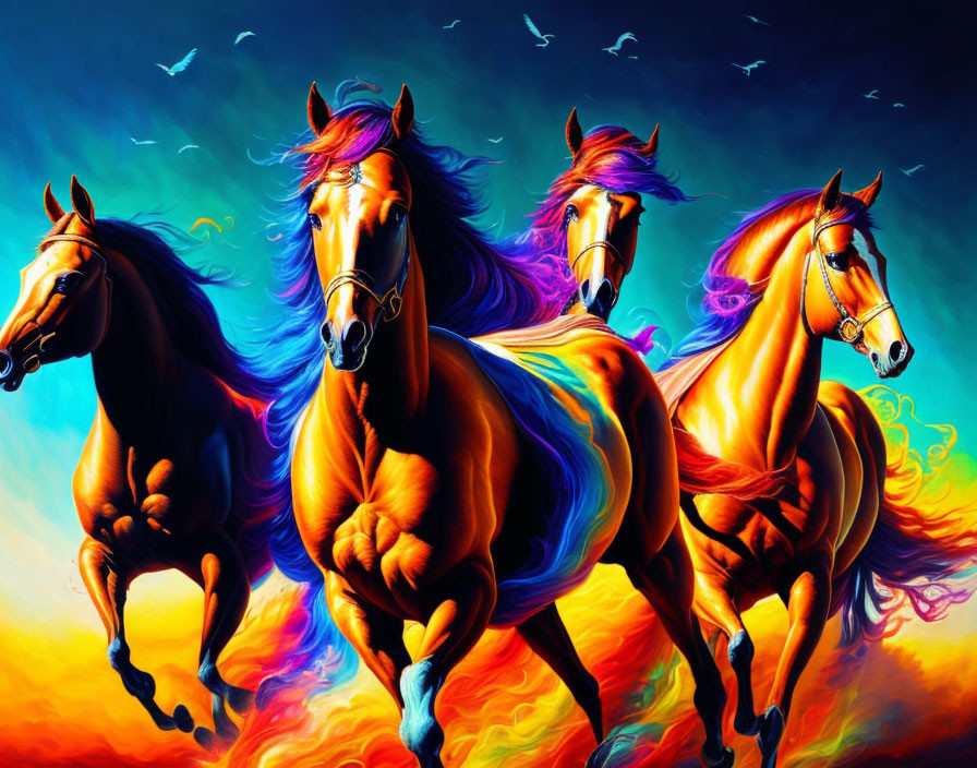 Three Chestnut Horses Galloping in Colorful Abstract Scene