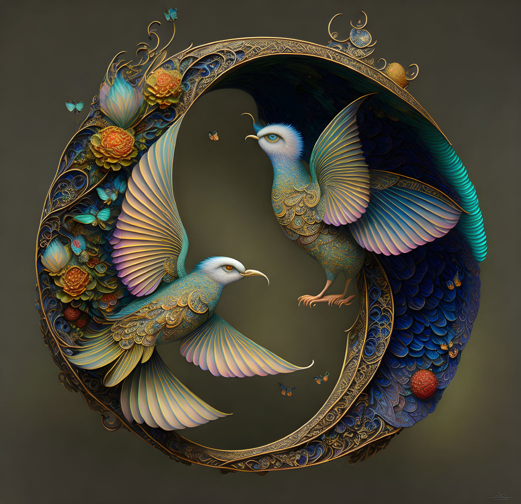 Stylized birds in ornate frame with floral designs on muted background