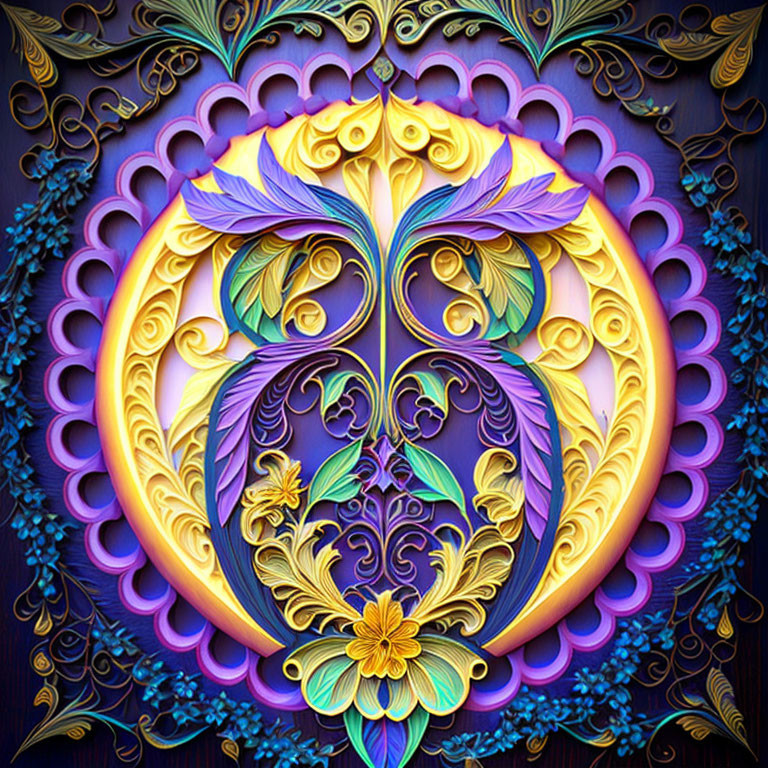 Symmetrical Floral Mandala Art in Purple, Blue, and Gold Tones