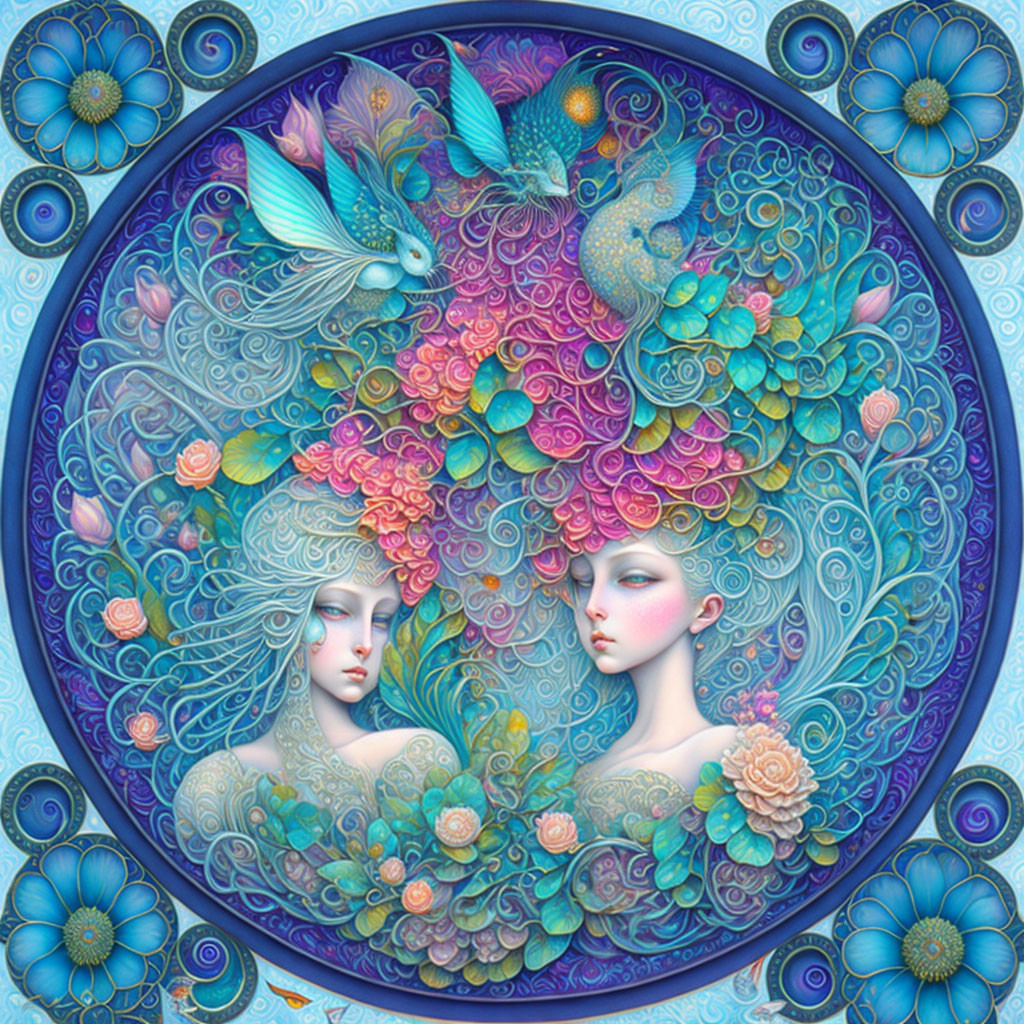 Symmetrical floral peacock artwork with two female faces in blue palette