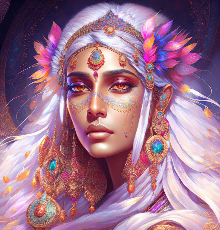 Fantasy digital artwork: White-haired woman with vibrant feathers and golden jewelry