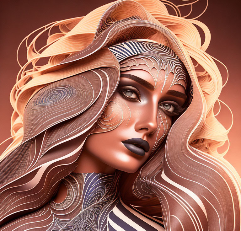 Stylized digital artwork of a woman with flowing hair and intricate patterns