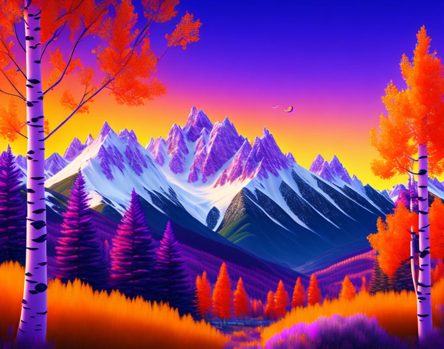 Surreal autumn landscape with snow-capped mountains and purple sky
