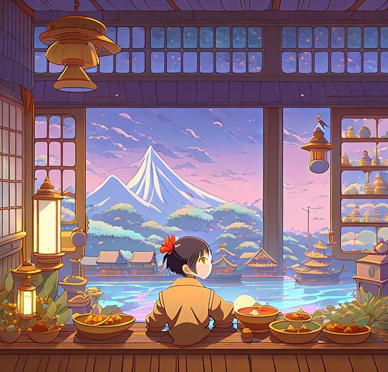 Girl sitting in traditional room with Mount Fuji view and delicious meals