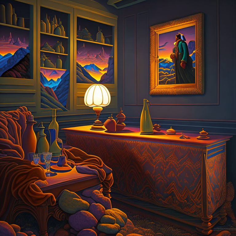 Dimly Lit Cozy Room with Armchair, Sideboard, and Mountainscape Paintings