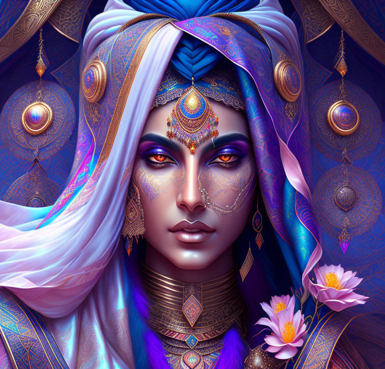 Digital artwork featuring person with elaborate jewelry, blue and white headdress, intricate facial designs, and floral