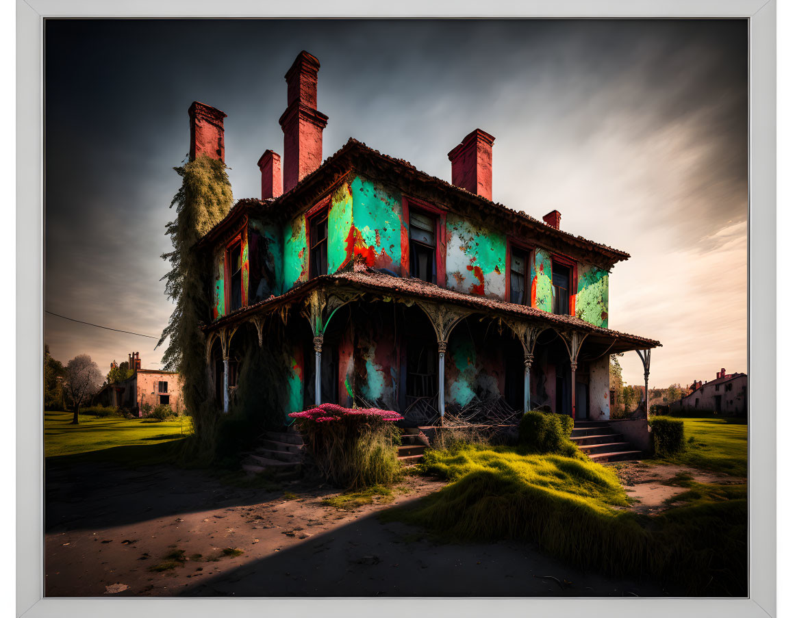 Abandoned two-story house with peeling teal paint under dramatic dusk sky