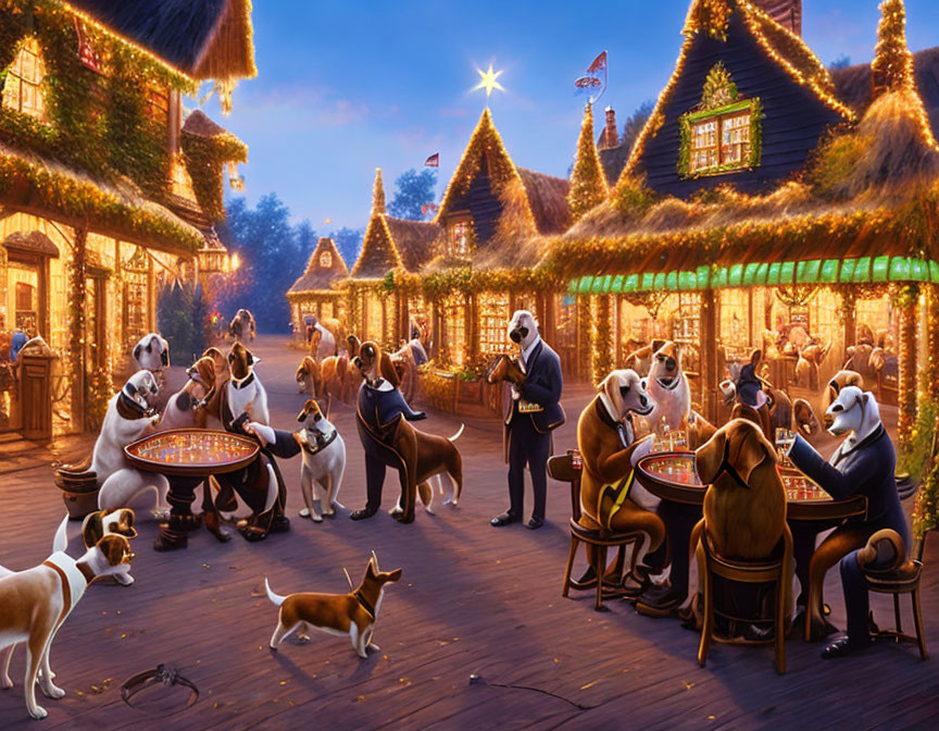 Anthropomorphic dogs in a festive village scene at night