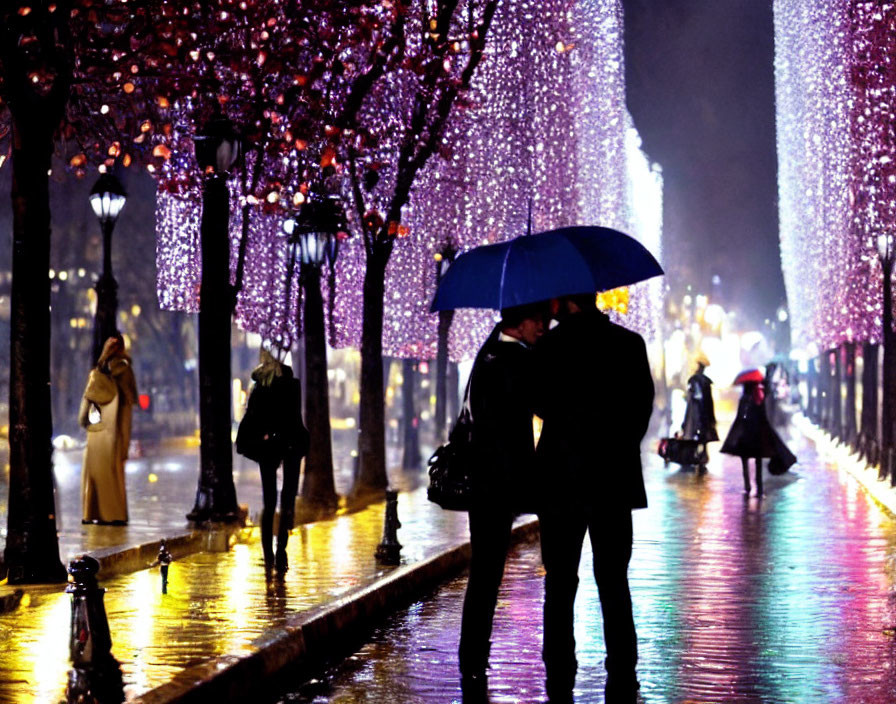 Couple under blue umbrella on rain-kissed street with purple lights