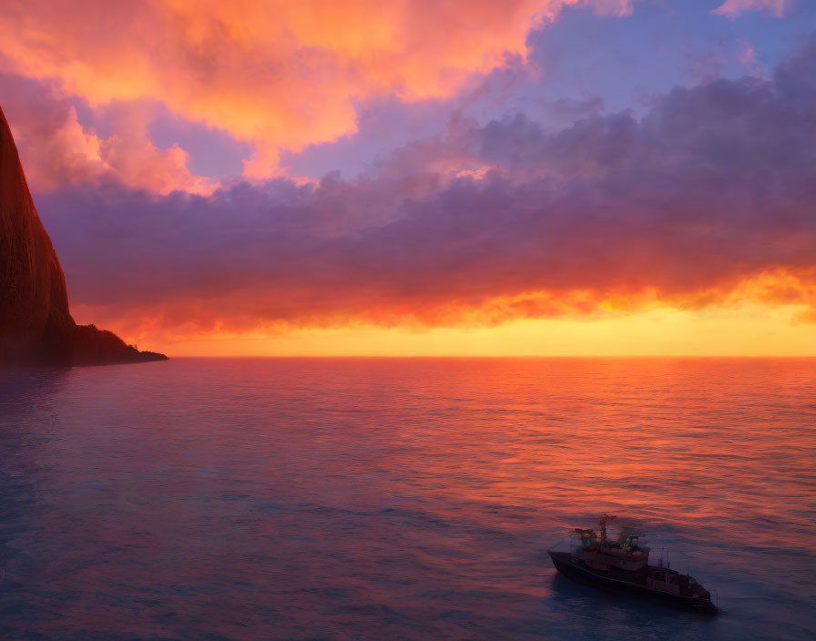 Boat on Ocean at Sunset with Orange and Purple Clouds