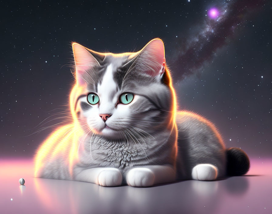 Gray and White Cat with Green Eyes in Fiery Aura on Cosmic Purple Sky