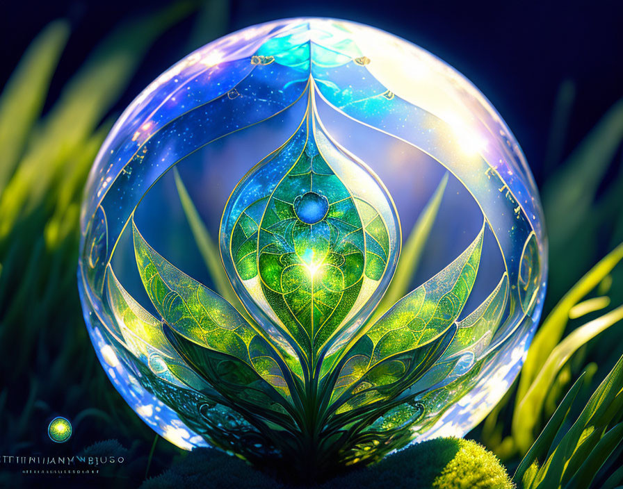 Luminous sphere with leaf-like patterns in grassy setting