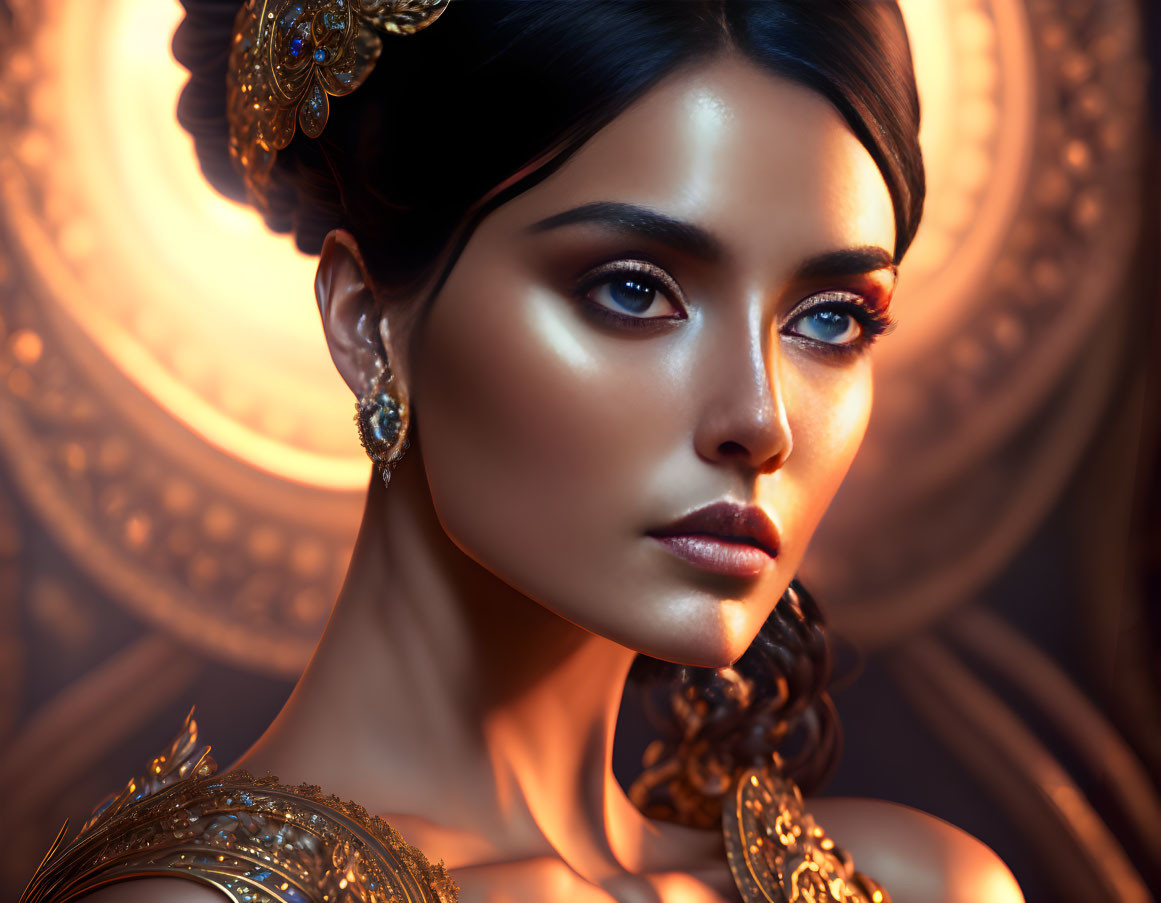 Woman with Striking Makeup and Golden Jewelry Poses Against Glowing Backdrop