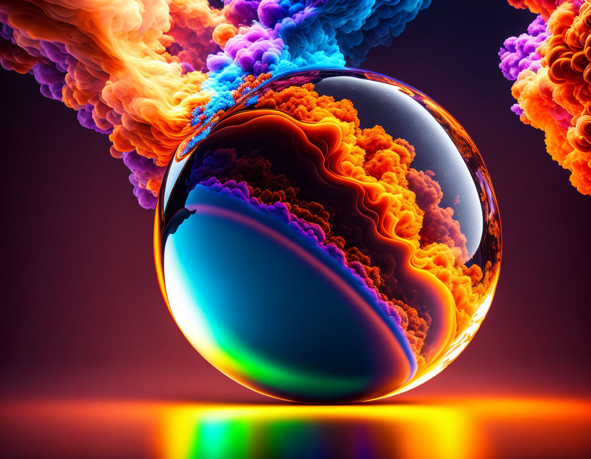 Colorful Abstract Art: Glossy Sphere with Fiery Clouds on Purple Gradient