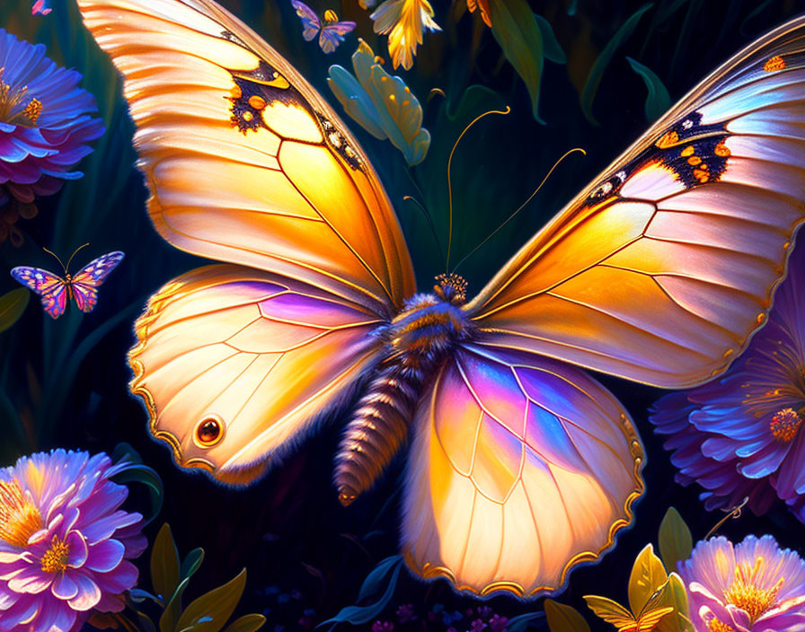 Detailed illustration of large butterfly on purple flowers with lush flora in background