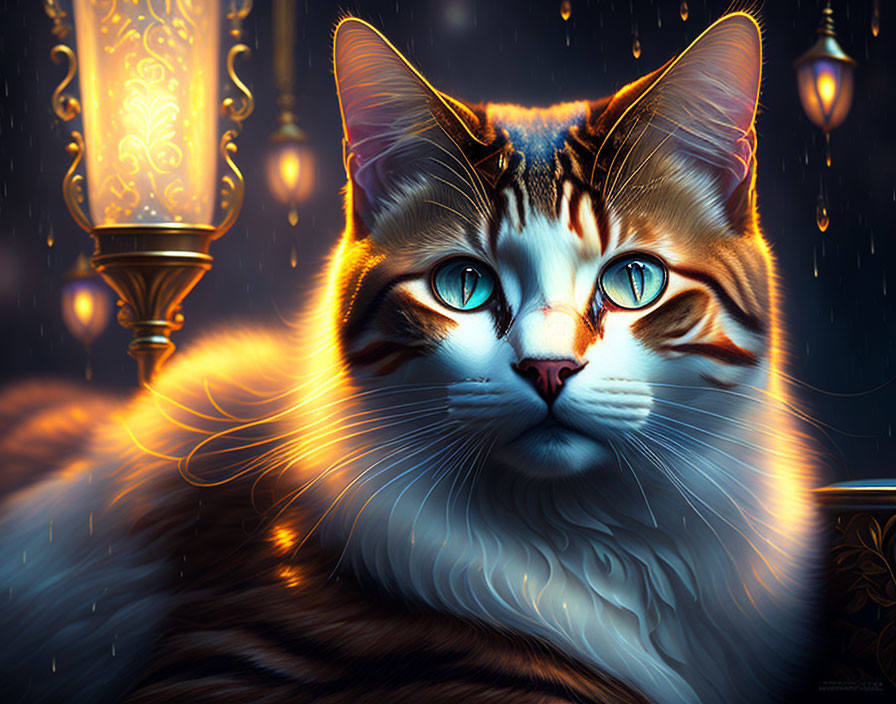 Vivid digital artwork: Cat with blue eyes & lanterns in enchanting scene