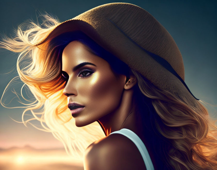 Blonde woman portrait with hat against sunset sky