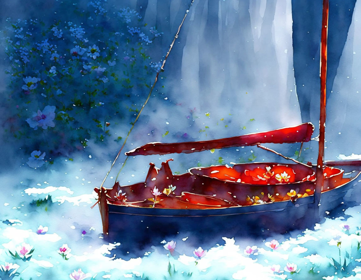 Tranquil watercolor painting: Red boat with flowers in serene scene