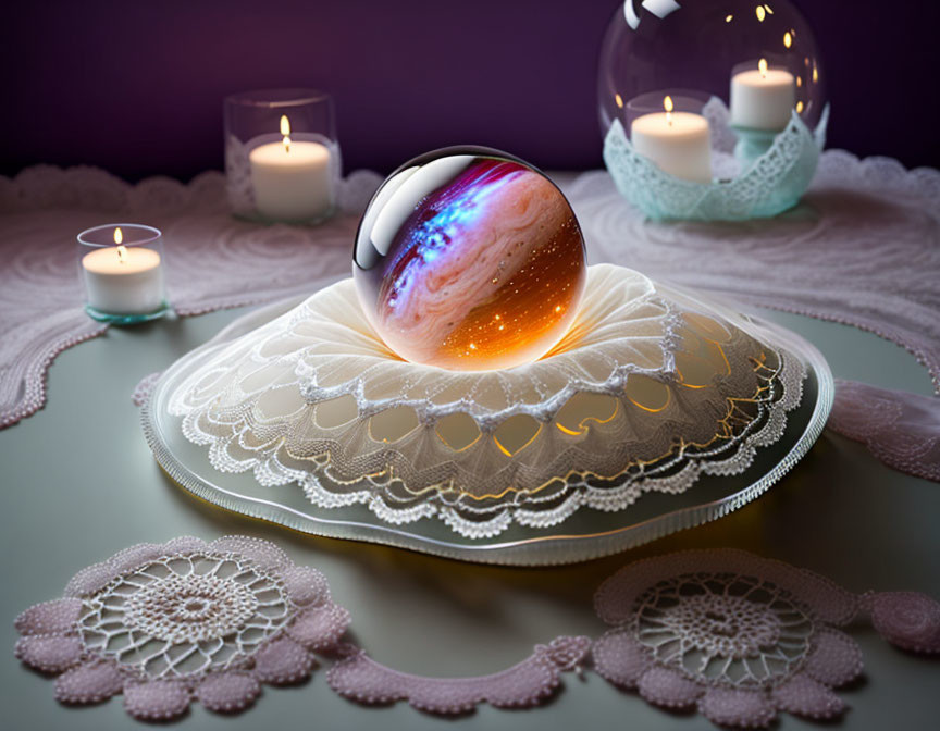 Galaxy-patterned crystal ball on lace doily with candles and glass holders