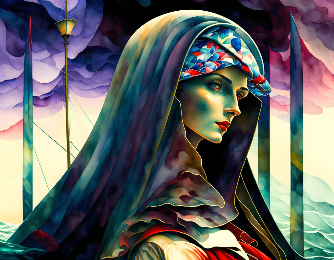 Colorful illustration of woman with headscarf and veil against ocean and sky blend.