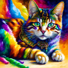 Colorful Steampunk Cat Art on Vibrant Fabric