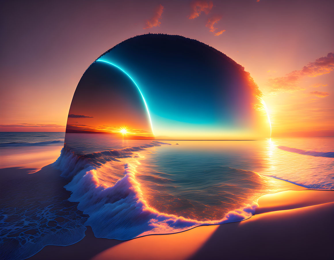 Surreal wave curling into circular shape at vibrant ocean sunset