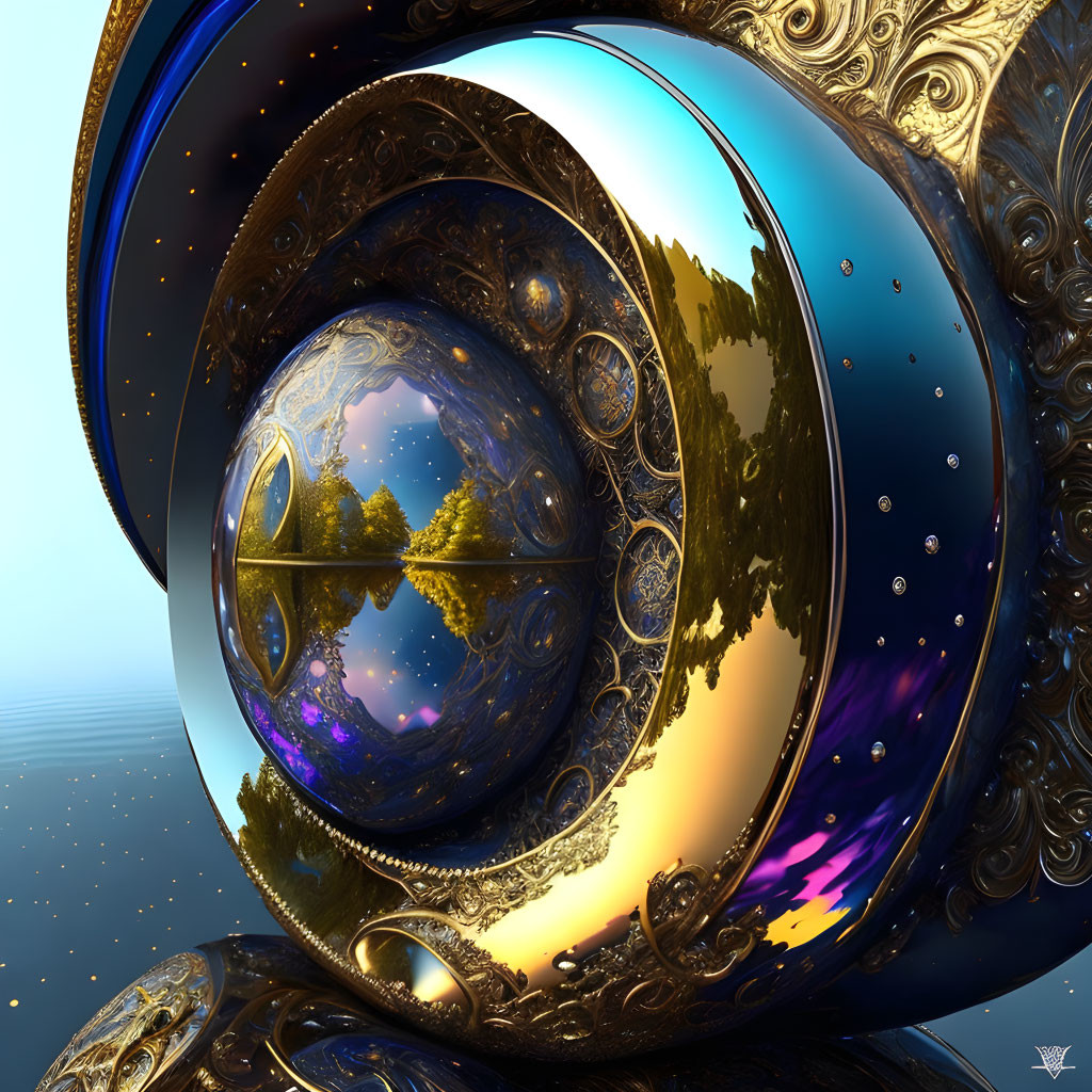 Ornate 3D rendering of glossy spherical object with gold and blue details