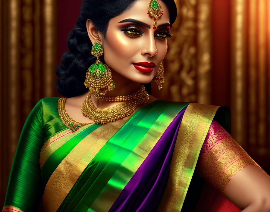 Traditional Indian Attire Woman Illustration with Detailed Makeup