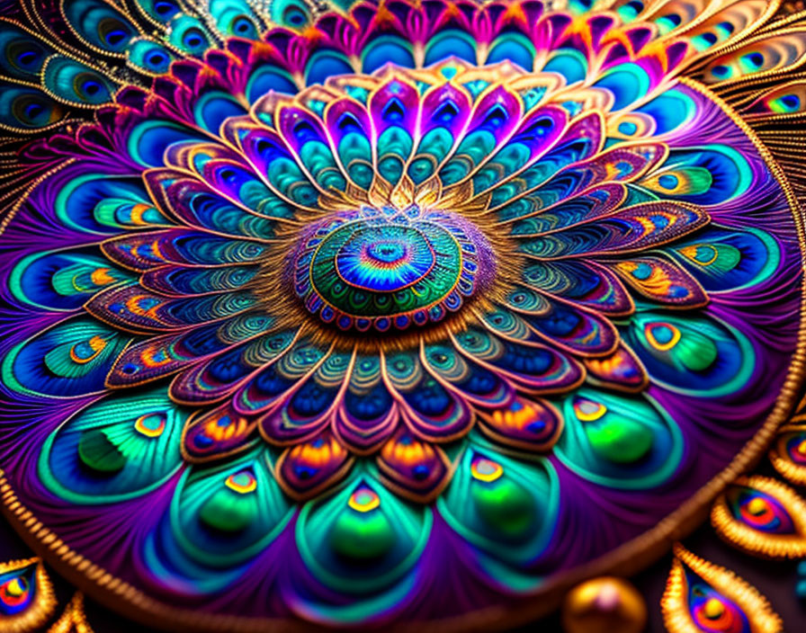 Colorful fractal image resembling peacock plumage in jewel tones.