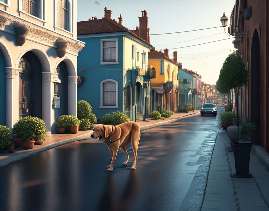 Dog in Center of Serene Street with Colorful Houses