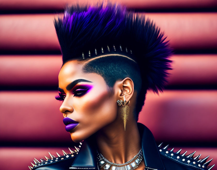 Striking Mohawk Hairstyle with Bold Purple Makeup and Spiked Collar