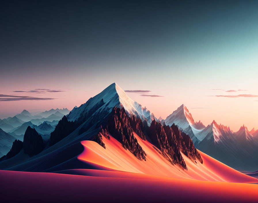 Snow-capped mountain peak at sunset with shadowed hills under gradient sky