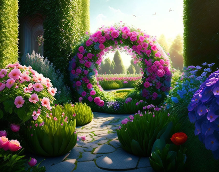 Circular floral archway in whimsical garden path with lush greenery and vibrant flowers.