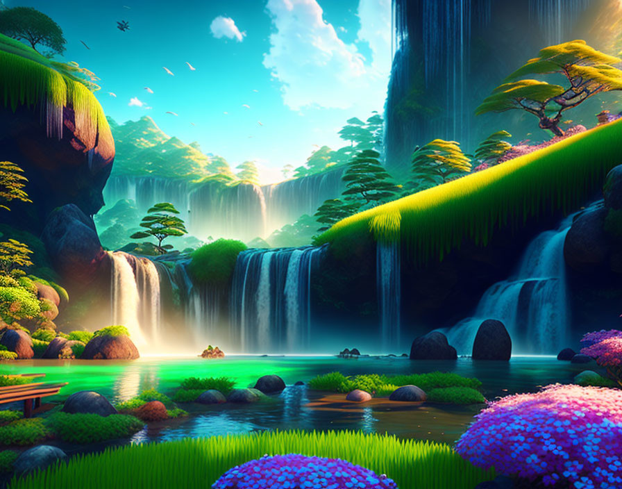 Colorful animated landscape with waterfalls, greenery, flowers, and river under blue sky
