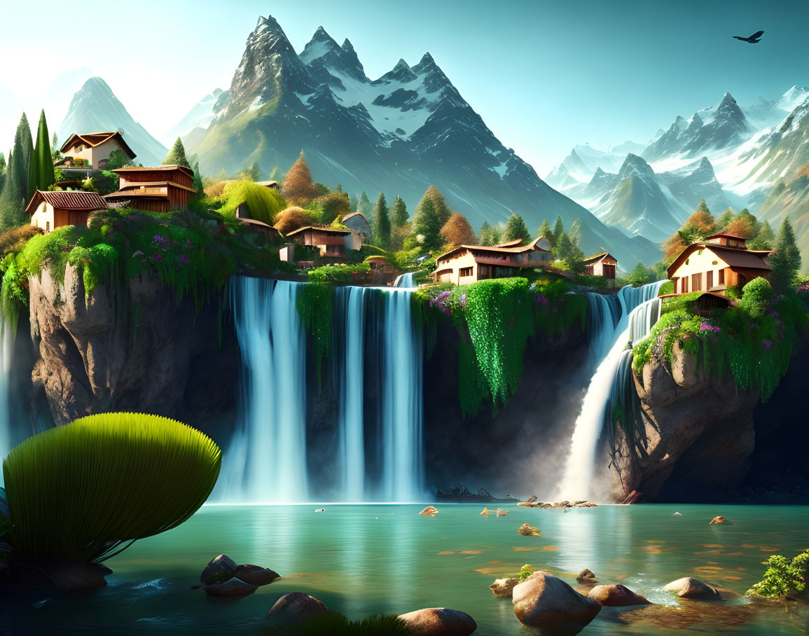 Picturesque village with waterfall-topped houses, lush greenery, and serene lake.