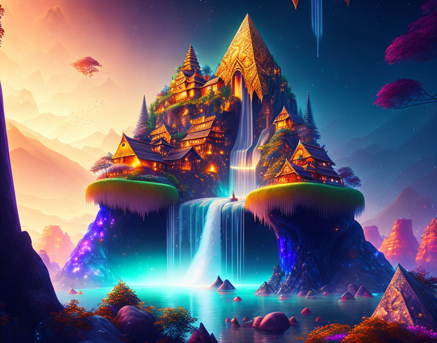 Majestic waterfall cascading from floating island into glowing lake