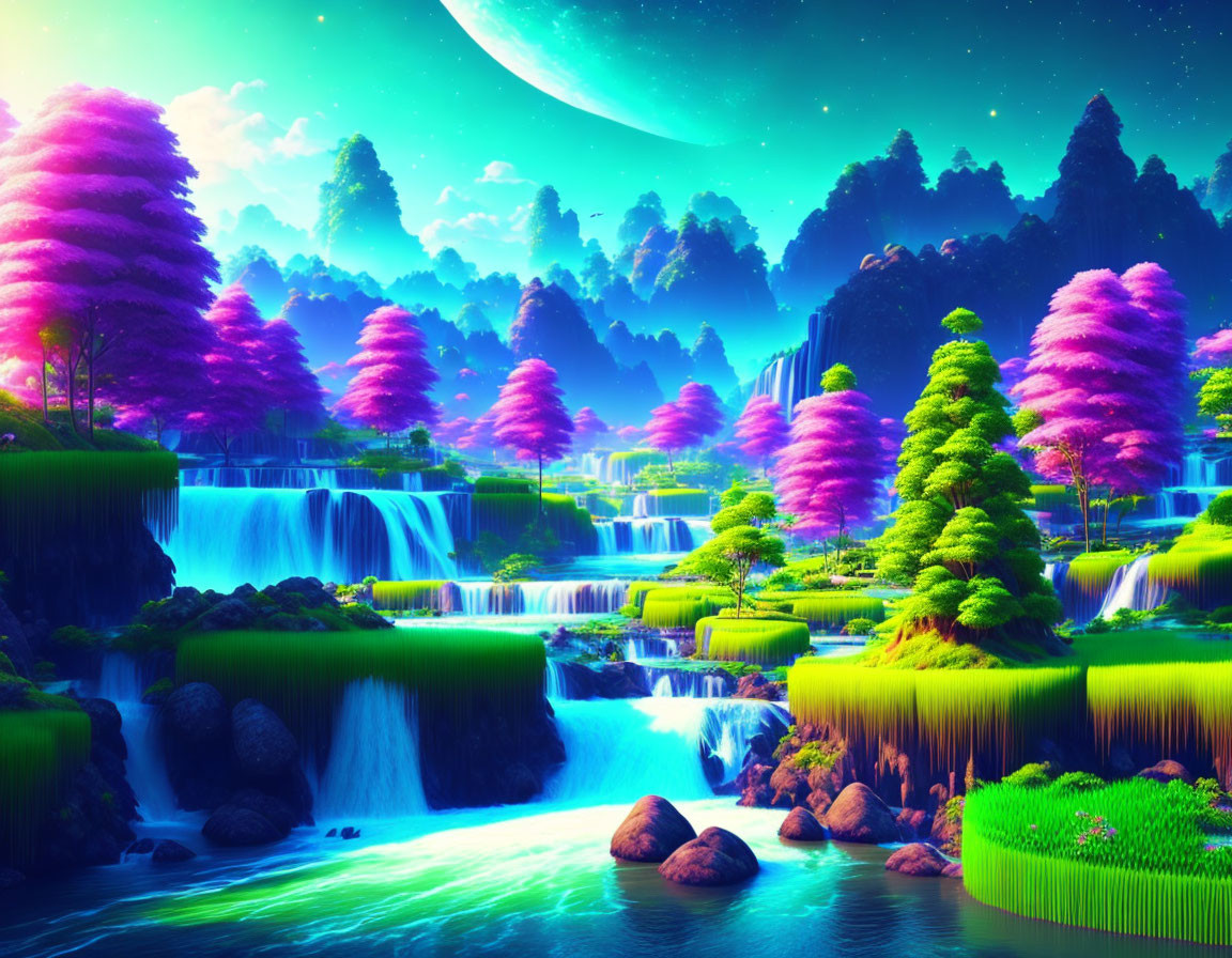 Colorful landscape with pink treetops, waterfalls, greenery, and a large moon in