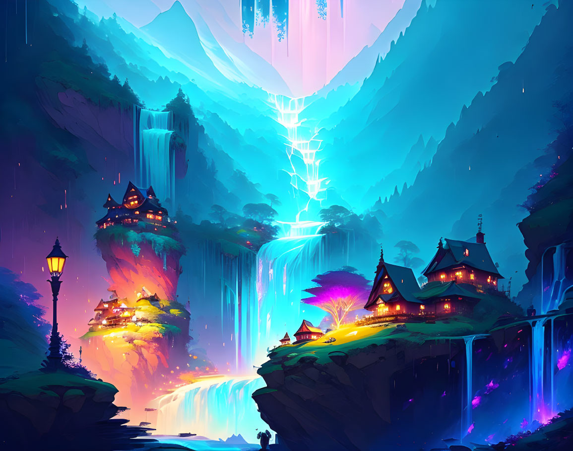 Fantasy landscape with illuminated waterfalls, river, whimsical buildings, cliffs, twilight sky