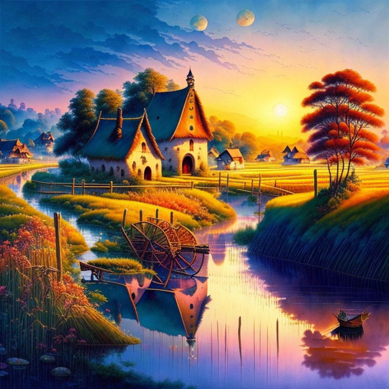Scenic painting: village with watermill, colorful cottages, serene river, sunset sky, two