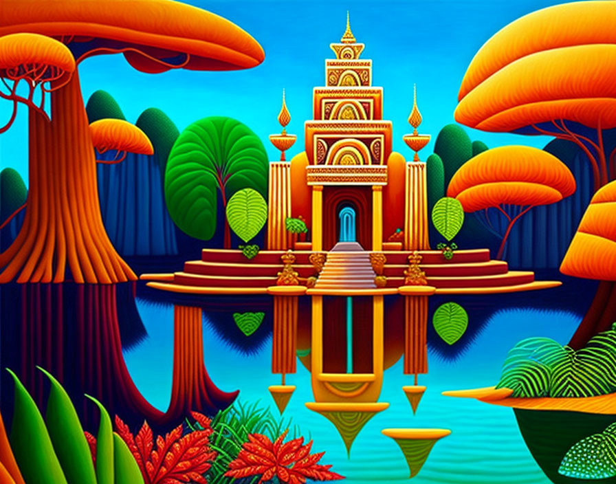 Fantastical temple illustration surrounded by oversized colorful flora