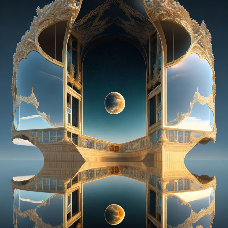 Surreal golden structure with mirrors reflecting sky and planet above reflective surface