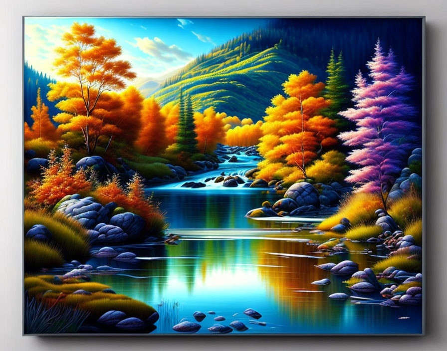 Colorful autumn landscape painting with golden, orange, and pink trees beside a serene blue river.