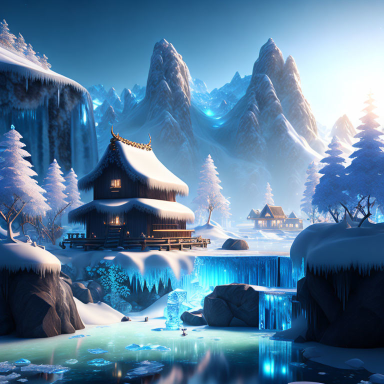 Snowy Landscape with Traditional Houses, Frozen Waterfalls, and Mountains at Dusk