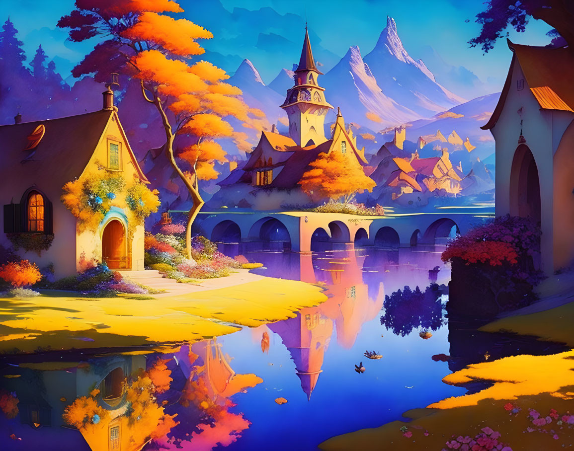 Colorful Fantasy Landscape with Autumnal Trees, Cottages, Castle, River, and Mountains