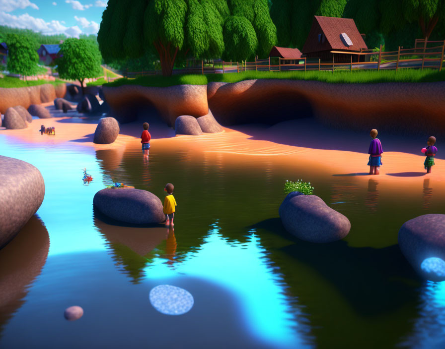 Tranquil animated river scene with children playing amidst rocks and country house at sunset