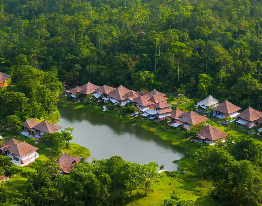 Lush Green Tropical Forest with Traditional Huts by Serene Lake