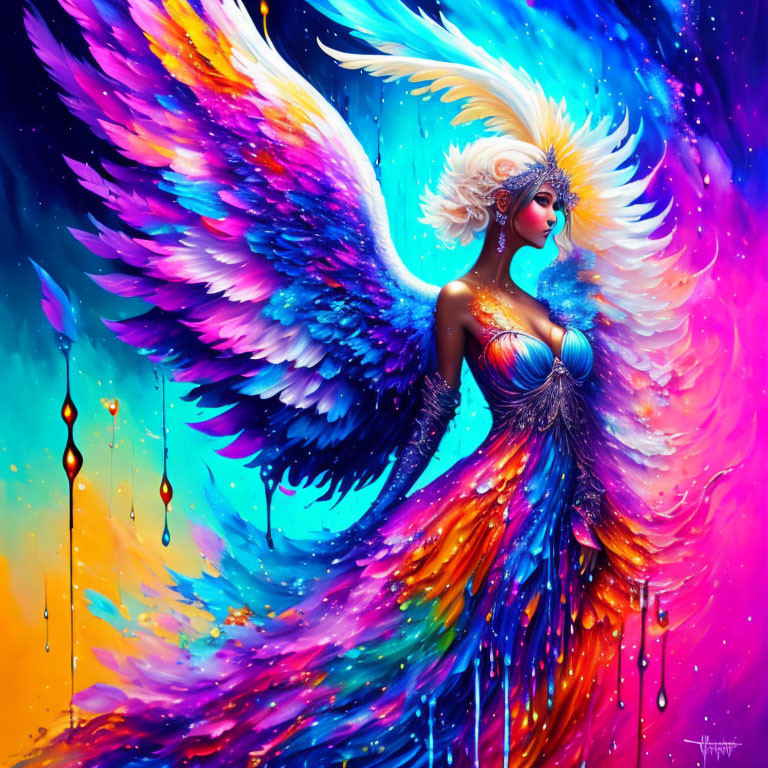 Colorful Illustration of Woman with Multicolored Wings and Attire in Rainbow Swirls