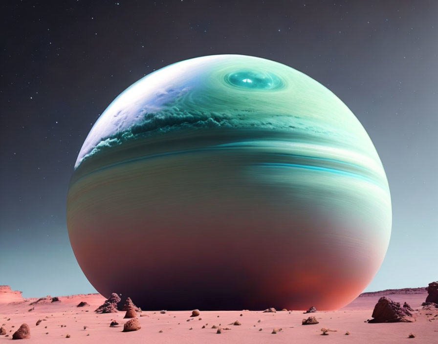 Surreal image: gas giant planet over rocky desert landscape